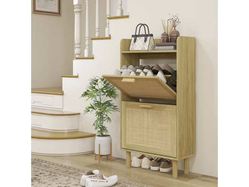 Meuble à chaussures 2 portes abattants étagère effet rotin tissé design bohème - dim. 80l x 24,5l x 110h cm - Conforama B