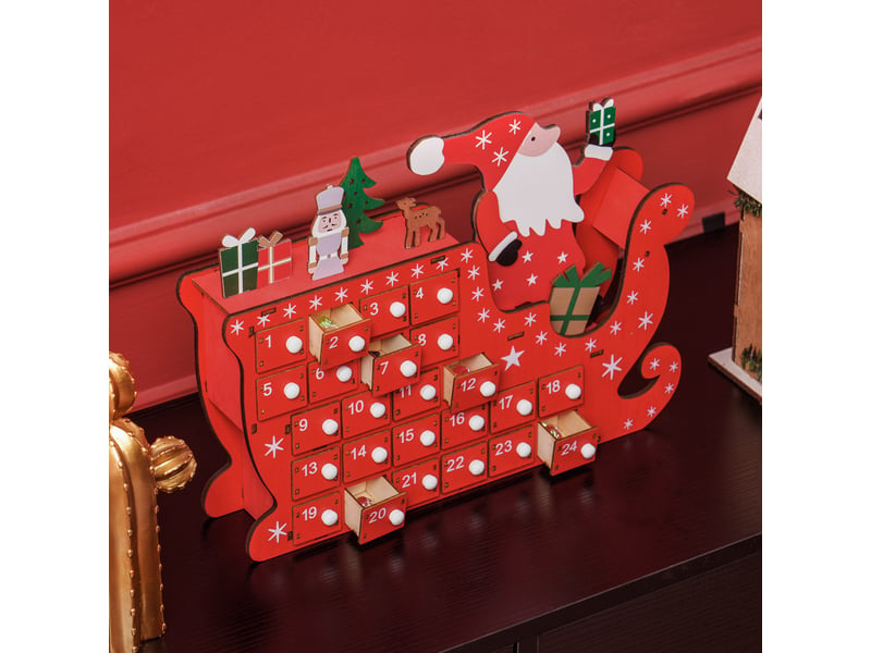  Calendrier de l'avent à remplir en bois, décoration de noël avec 24 tiroirs, père noël et traîneau, rouge, 22,5x8x36cm  - Conforama W