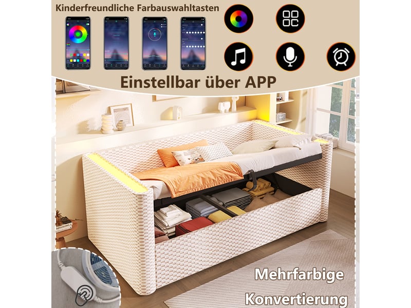  Lit de jour 90x200 canapé lit velours beige avec rangement hydraulique et led multicolore  - Conforama E