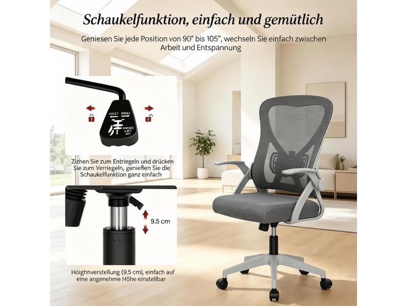  Chaise de bureau ergonomique pivotante avec dossier inclinable et accoudoirs rabattables en maille grise  - Conforama E