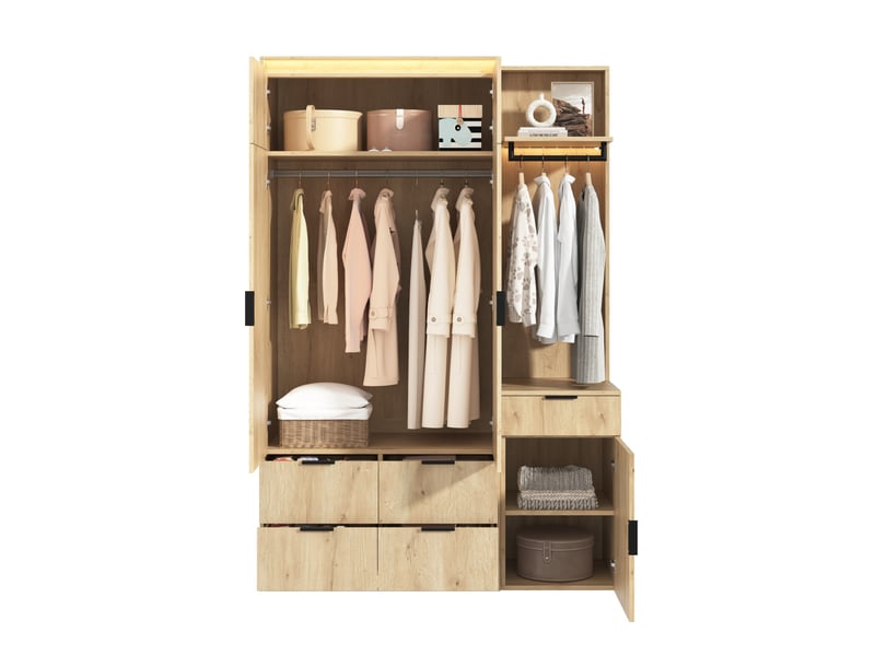  Ensemble dressing 135x47x200 cm avec miroir, led et 5 tiroirs décor chêne  - Conforama A