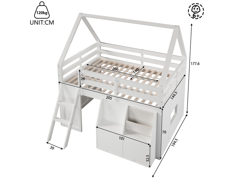  Lit mezzanine enfant modenvie maison avec échelle, led, rangements, mdf et pin, blanc 140 x 200 cm  - Conforama C
