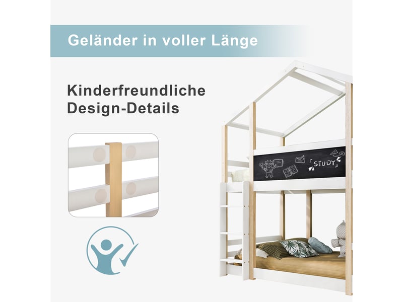  Lit cabane avec toboggan et échelle 90x200 cm, lit enfant blanc et nature en bois massif avec sommier  - Conforama R