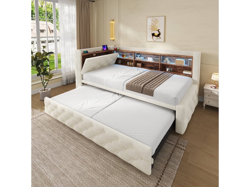  Canapé-lit extensible 90 × 190 cm beige en velours, rangement accoudoir, tête de lit avec tablette, led, usb et usb-c  - Conforama D