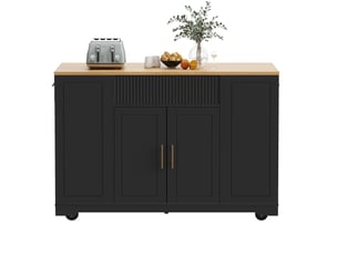 Îlot de cuisine mobile 120x50x92 cm, 2 portes, 3 tiroirs, noir et bois