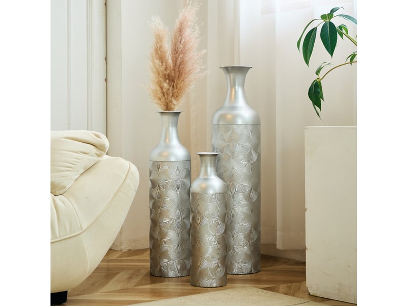  Lot de 3 vases de sol à motif ondulé 506683 cm en métal argenté  - Conforama B