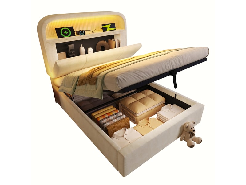  Lit coffre, lit enfant 90x200 cm, rangement hydraulique, tête de lit avec rangement, led, usbusb-c, matelas inclus, velours beige  - Conforama W