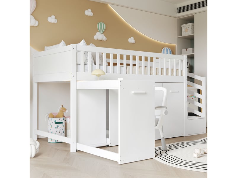  Lit mezzanine 90x200 cm - lit enfant multifonction avec bureau, armoire et escalier intégré - barrière de sécurité incluse - sans matelas - mdf - blanc  - Conforama E