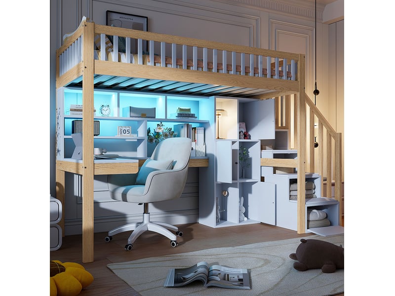  Lit mezzanine enfant 90x200 cm avec bureau, rangements led blanc et naturel  - Conforama B