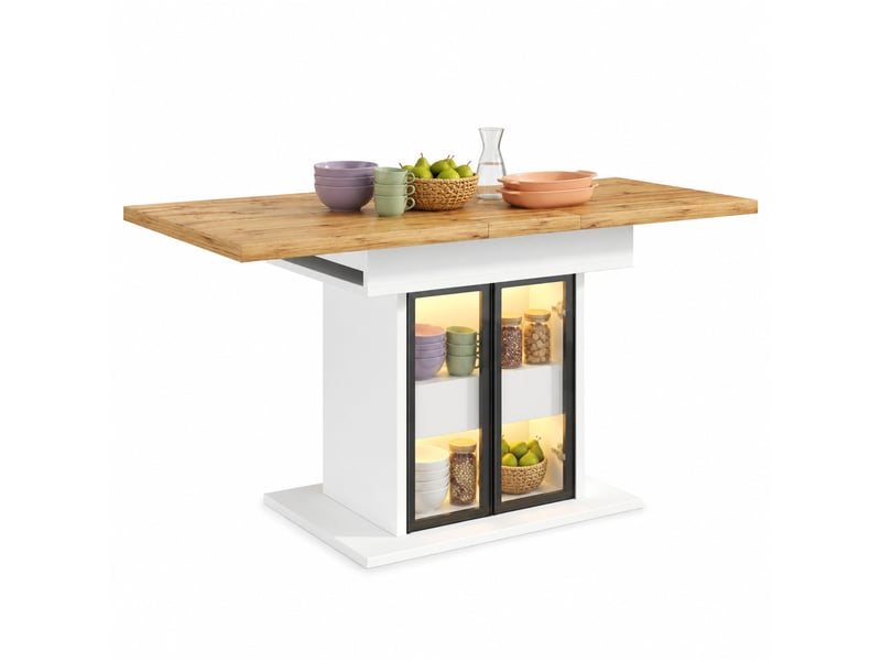  Table à manger extensible avec rangement et éclairage del rvb - lpospi - portes vitrées mdf métal blanc  - Conforama A