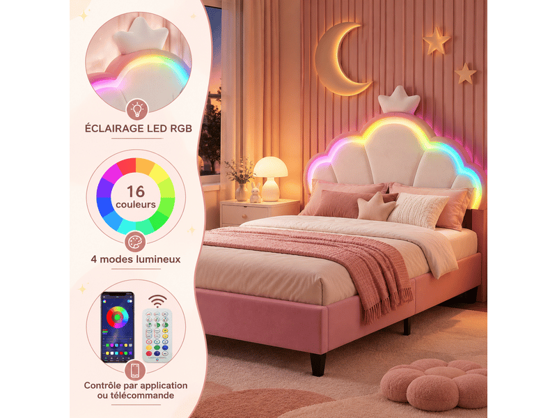  Lit double 140 x 200 cm avec led, lit princesse capitonné avec tête de lit  en forme de couronne réglable, lit rembourré avec sommier à lattes, sans matelas, velours, rose  - Conforama D