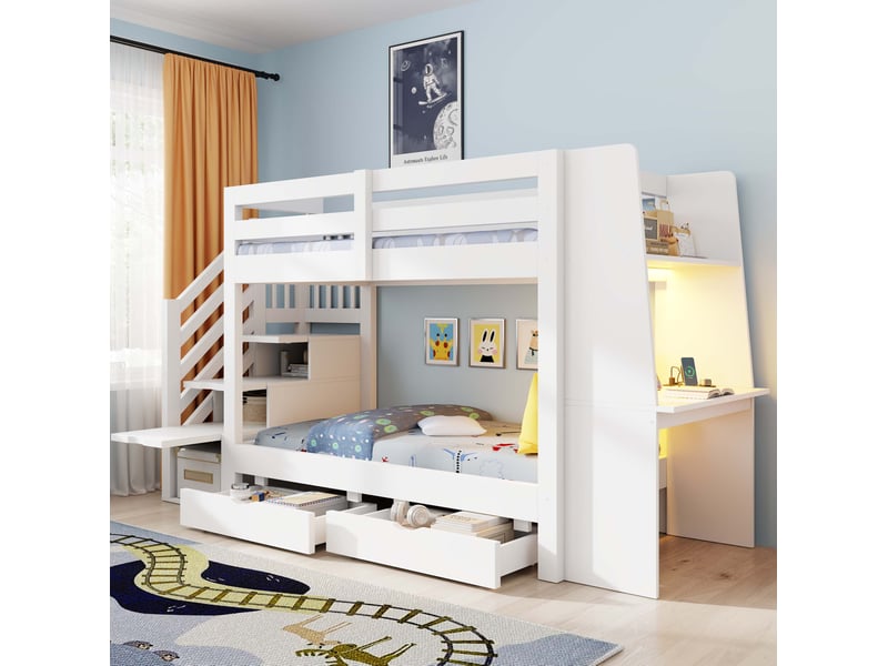  Lit superposé enfant modenvie 90 x 200 cm avec bureau, rangements, led et prise blanc  - Conforama B