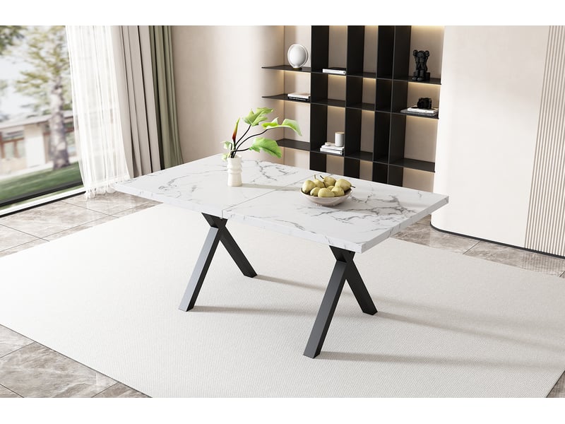  Table à manger rectangulaire 140 x 80 cm, mdf effet marbre blanc, métal noir  - Conforama D