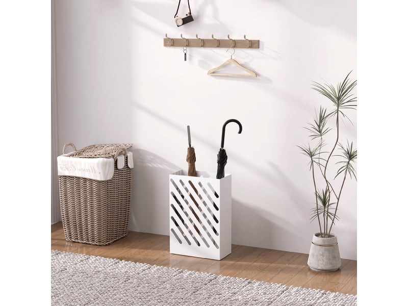  Porte-parapluie en acier rectangulaire, blanc, support pour parapluies avec 4 crochets et bac d'égouttement amovible  - Conforama W