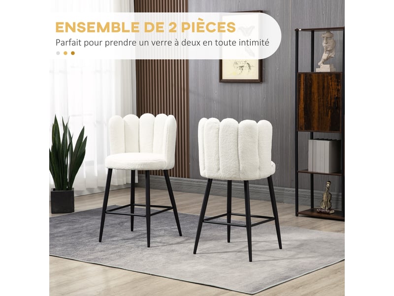 Lot de 2 tabourets de bar – tissu bouclé – dossier et repose-pieds - Conforama D