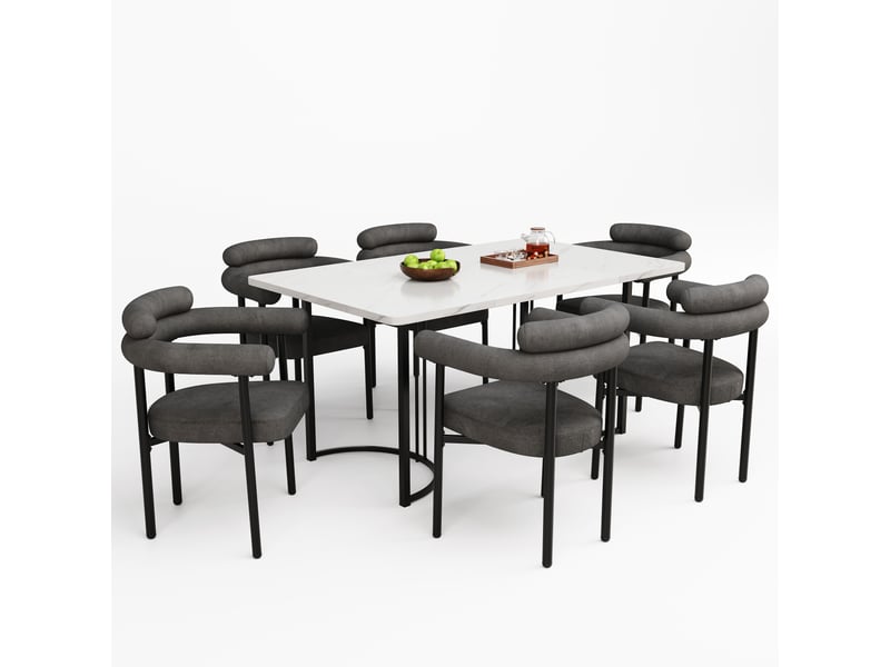  Fauteuil de salle à manger ergonomique à dossier incurvé  - pieds en métal tissu effet daim gris foncé  - Conforama A