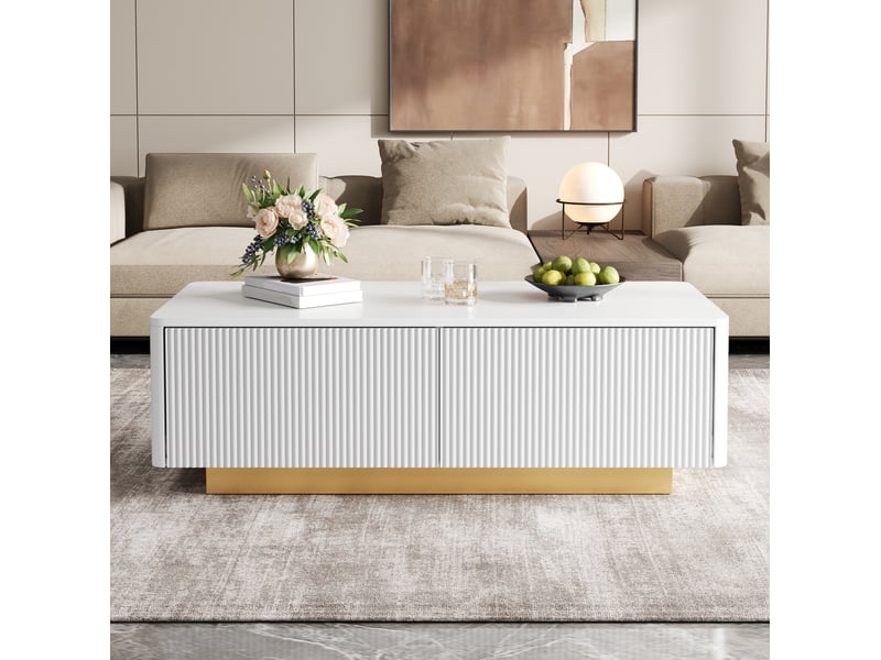  Table basse avec 2 tiroirs et front texturé, espaces de rangement ouverts, coins arrondis pour salon, 110 × 50 × 35 cm, en mdf, blanc  - Conforama B