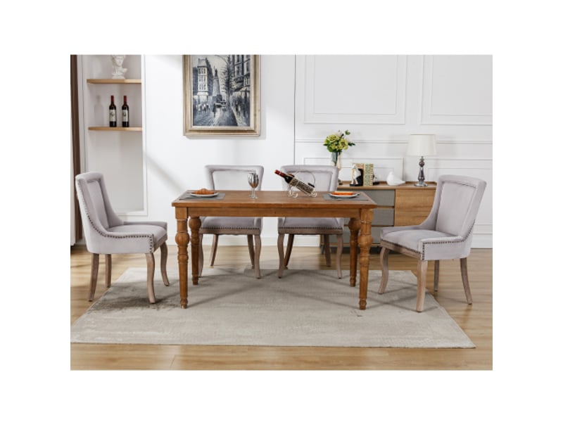 Ensemble de 4 chaises de repas en velours gris, piètement en bois massif et détails cloutés pour cuisine et séjour  - Conforama W