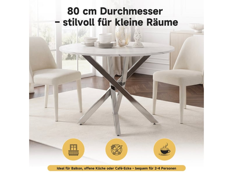 Table à manger ronde,80x80x75 cm,mdf,effet marbre blanc et métal argenté - Conforama E