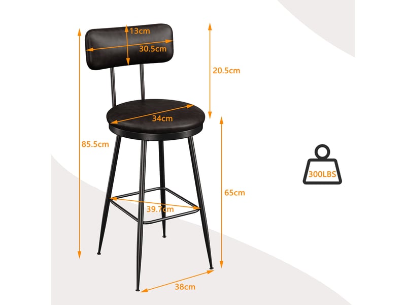 Lot de 4 tabouret de bar en cuir pu, chaises hautes de cuisine pour îlot et comptoir, et métal de style industriel avec dossier 65cm, noir - Conforama E