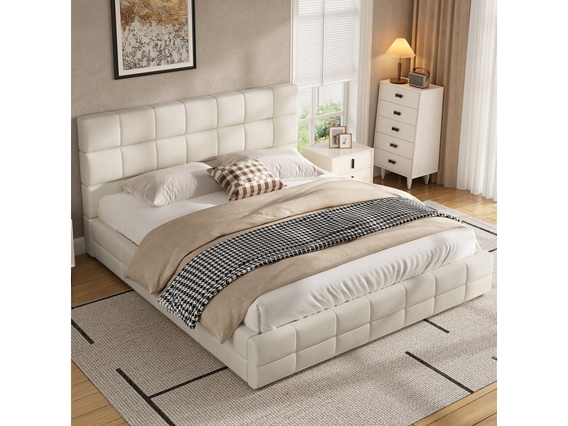  Lit rembourré beige 180x200 cm en velours avec tête de lit garnie de mousse, surpiqûres décoratives et sommier à lattes  - Conforama B