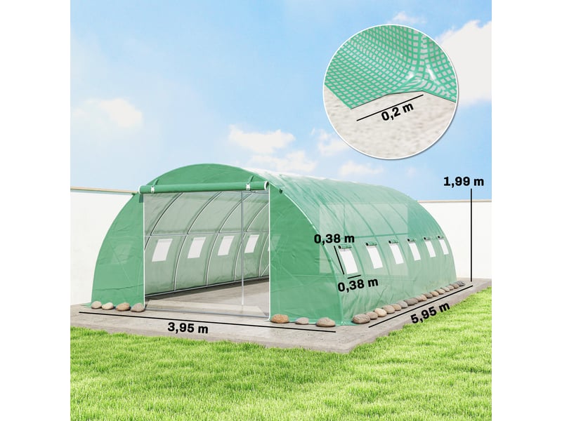  Serre tunnel avec 2 barres de support, 2 portes enroulables et fenêtres en filet, bâche en pe verte anti-uv  - Conforama E