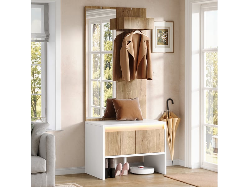  Meubles d'entrée avec miroir, porte-manteaux, banc à chaussures et 2 tiroirs pour entrée blanc naturel 60 × 38 × 145 cm  - Conforama D