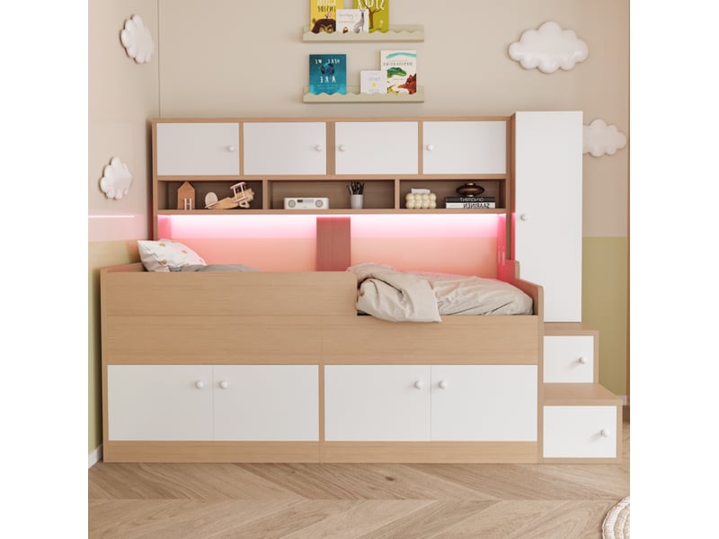 Lit enfant 90x200 cm avec rangement, armoire, led, barrière sécurité, escalier, aggloméré mdf blanc naturel - Conforama E