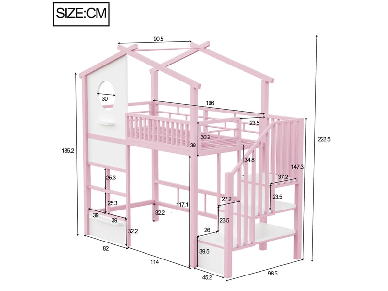  Lit mezzanine enfant 90x200 cm rose et blanc avec escalier de rangement et led  - Conforama C