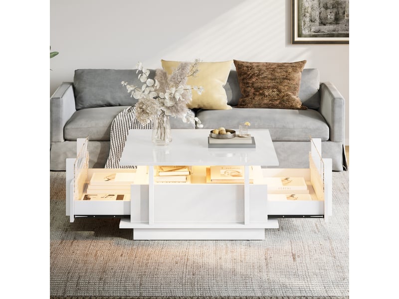  Table basse carrée 70x70 avec 2 tiroirs de rangement - éclairage led intégré et rebords en acrylique  - Conforama R