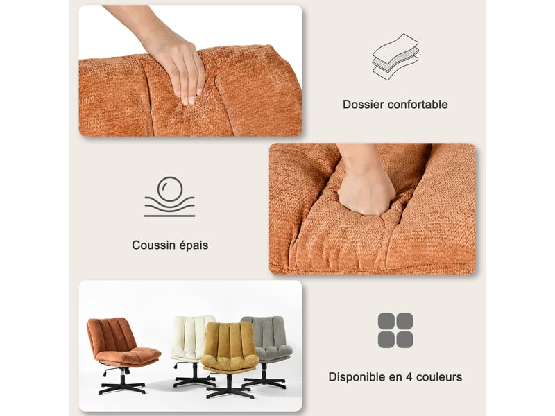 Fauteuil salon pivotant sur 360°, réglable en hauteur, sans accoudoirs, en tissu chenille, rouge  - Conforama E