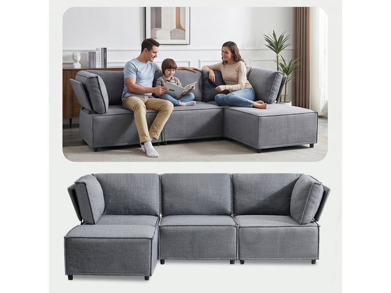  Canapé modulable gris clair 4 places - convertible en lit - tissu lin respirant - design minimaliste  - Conforama W