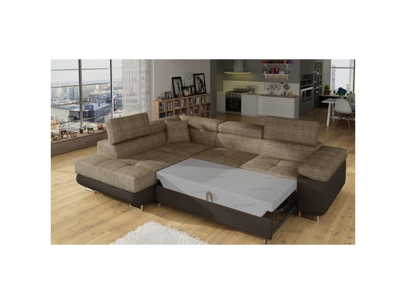 Canapé d'angle convertible menton beige et chocolat bouclé – angle gauche avec coffre - Conforama D