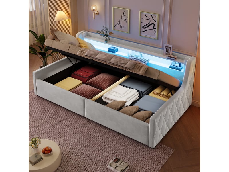  Lit enfant capitonné 90x200 lit coffre hydraulique lit simple avec rangement éclairage led, beige  - Conforama D