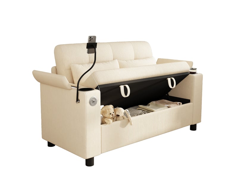  Canapé 2 places 136,5 x 79,5 x 83,6 cm – beige – velours côtelé avec rangements, usb et porte-gobelets  - Conforama A