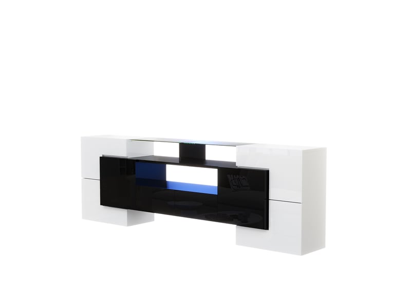  Meuble tv 200 cm – noir + blanc laqué, led app, 6 portes + 2 tiroirs  - Conforama A