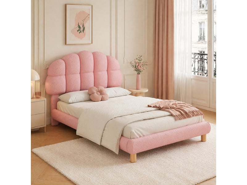  Lit simple rembourré 90x200 cm en tissu bouclé rose avec sommier à lattes  - Conforama D