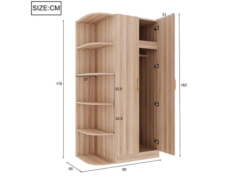  Armoire 2 portes avec penderie, étagères et tiroirs de rangement pour chambre en mdf bois clair 90 × 55 × 170 cm  - Conforama C