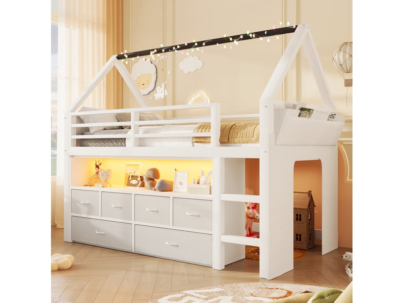 Lit mezzanine enfant 90x200 cm avec 6 tiroirs en tissu et guirlande led, blanc - Conforama B