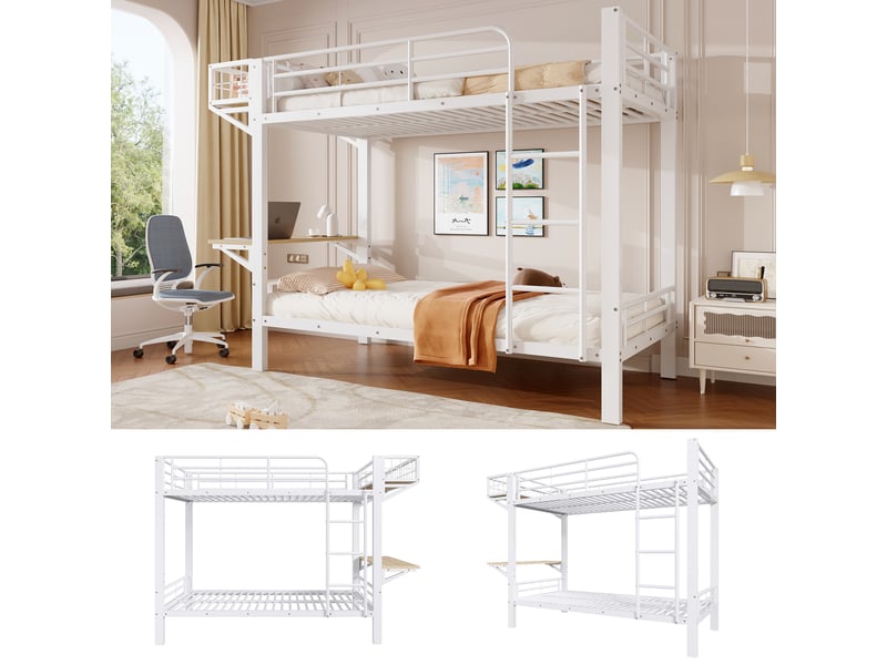  Lit superposé 90x200 cm, lit enfant avec bureau, étagère réversible, échelle, garde-corps, métal (sans matelas), blanc CozyNest - Conforama B