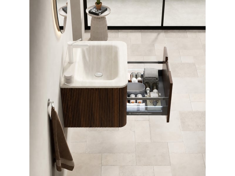  Meuble vasque suspendu 60 cm avec vasque intégrée en pierre frittée effet travertin, finition noyer  - Conforama D