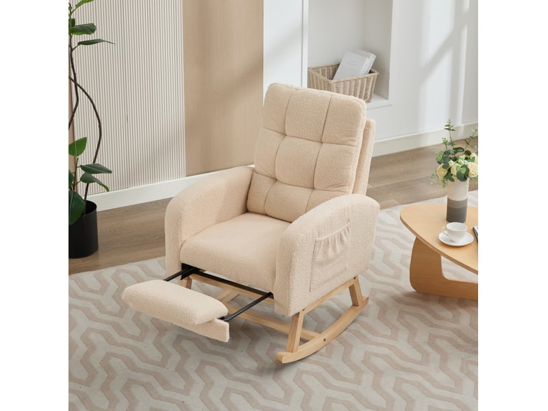  Fauteuil à bascule modenvie bouclette beige avec repose-jambes et poche latérale 132 x 50 x 99 cm  - Conforama B