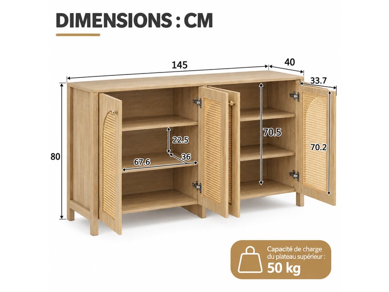  Buffet 4 portes avec façades effet rotin, poignées métal, étagères réglables et structure mdf, décor bois naturel  - Conforama C