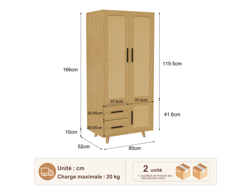 Armoire penderie chambre adulte 3 portes et 2 tiroirs - 80x52x166 cm - charnières amorties - style scandinave - double tringle à vêtements pour petit appartement, bois clair  - Conforama C
