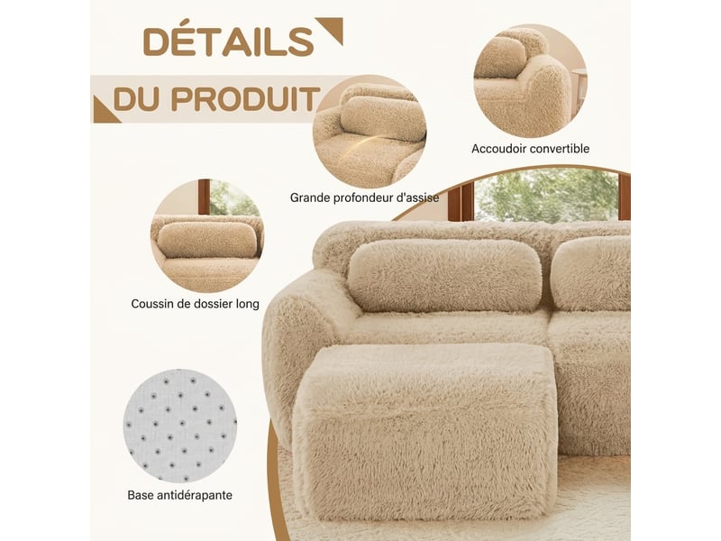  Canapé modulable en l 3 places kaki clair - canapé profond sans cadre en peluche - aucun assemblage  - Conforama R