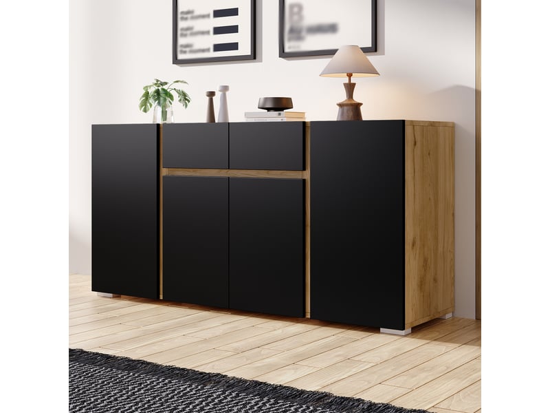  Buffet 140 x 35 x 70 cm, 4 portes et 2 tiroirs, étagères réglables, mdf noir et effet bois naturel evarich - Conforama E
