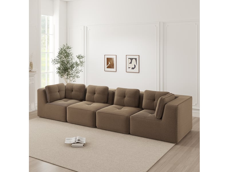  Canapé modulable 4 places en velours côtelé marron 386 x 104 x 69 cm  - Conforama C