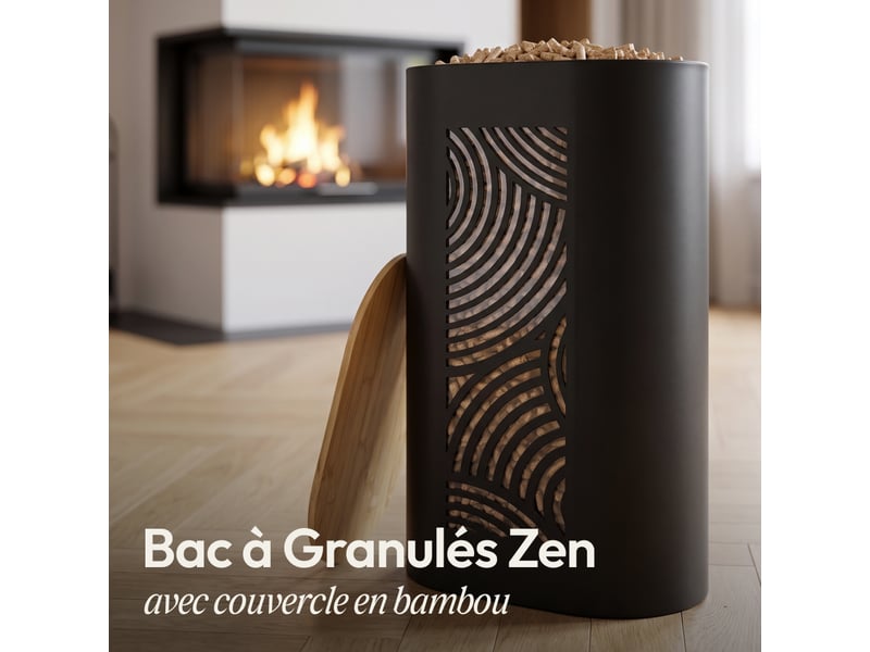  Casabel réservoir pellets &amp; granulés, niveau visible, cap. 15kg, métal noir, couvercle bambou, pour poêle à pellets  - Conforama C