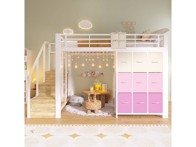 Lit mezzanine métal 140x200 cm blanc avec tiroirs, penderie et escalier rangement - Conforama B