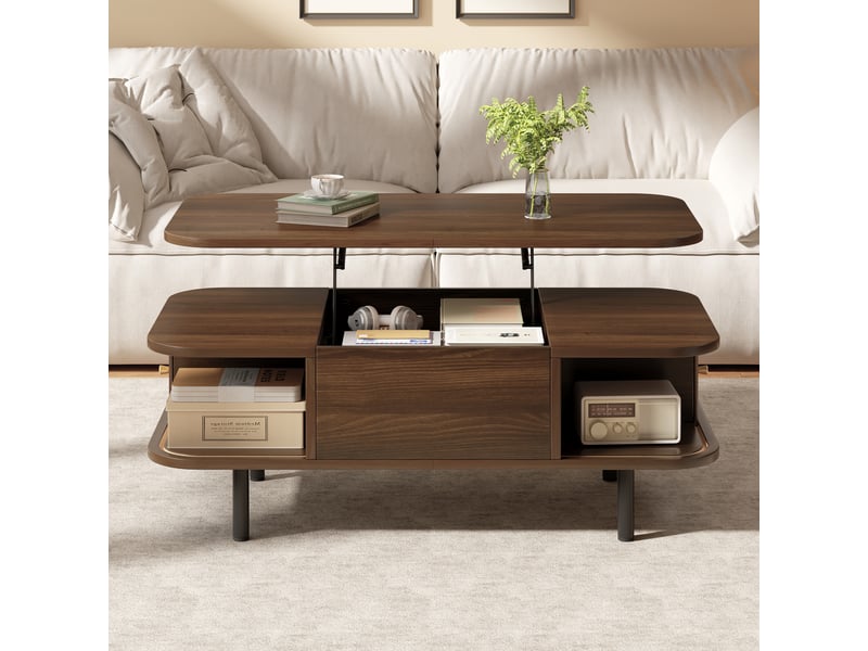  Table basse relevable avec plateau hydraulique, 2 en 1 pour salon et bureau, 101x51cm, mdf noyer, portes coulissantes, rangement caché  - Conforama D